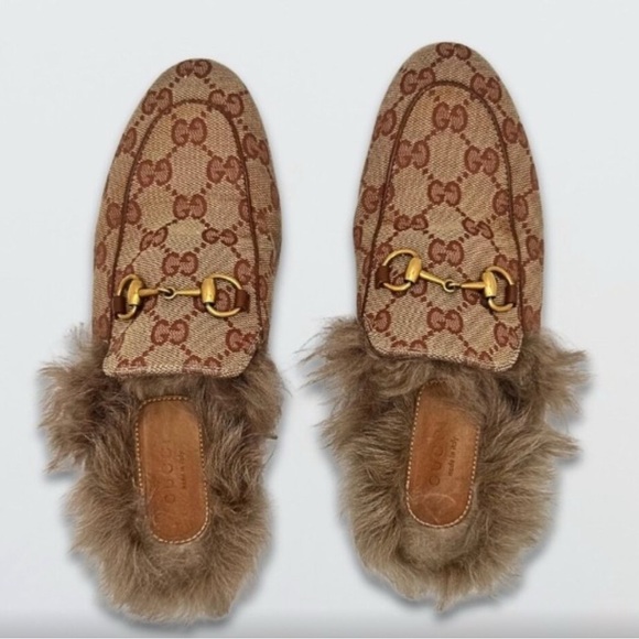 Gucci Shoes - 💯GUCCI Monogram Brown and Gold FUR Loafers